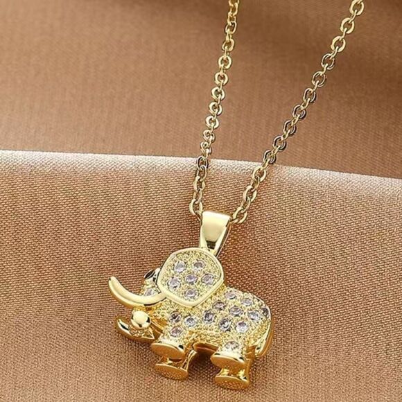 Stainless Steel Elephant Pendant Necklace in Gold Tones and embedded Zirconia - Picture 8 of 11